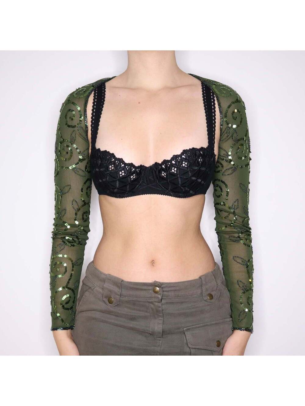 Y2K Green Beaded Sequin Mesh Bolero (XS)
